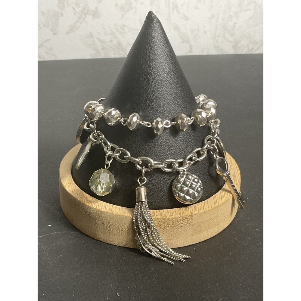 Two-Layer Silver Charm Bracelet With Tassel & Heart Pendants